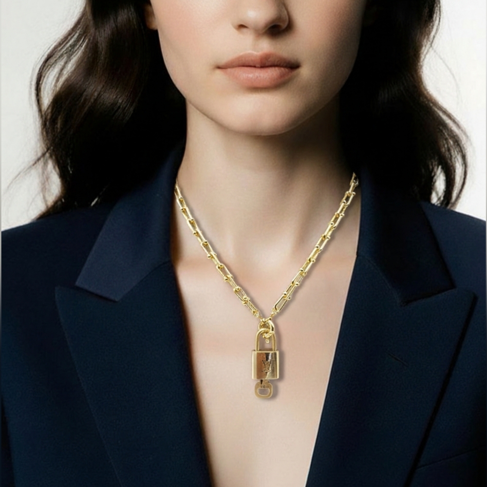 Authentic Louis Vuitton Gold Padlock Pendant w/Unbranded 18k Gold Plated Chain